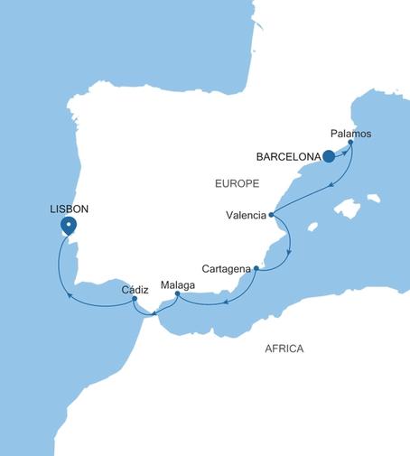 Silver Ray Spain Featuring Valencia & Málaga voyage RA270928007 itinerary map