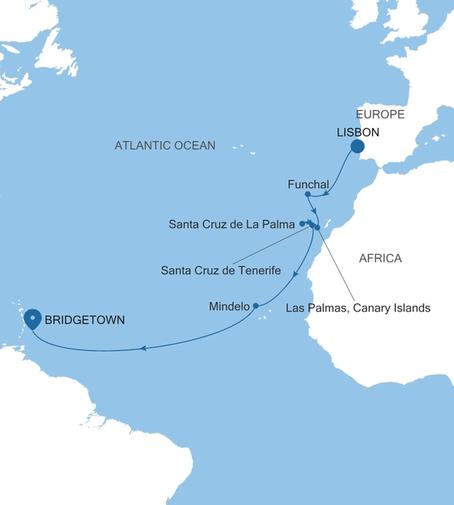 Silver Ray Transatlantic Crossing Featuring Portugal & Spain voyage RA271204014 itinerary map