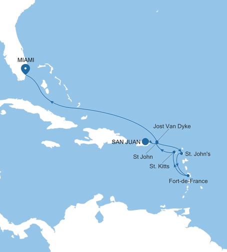 Silver Ray Southern Caribbean Featuring Martinique & St. Kitts voyage RA271226008 itinerary map