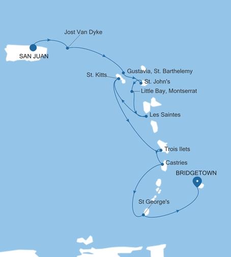 Silver Shadow Southern Caribbean Featuring St. Lucia & Grenada voyage SS270110010 itinerary map