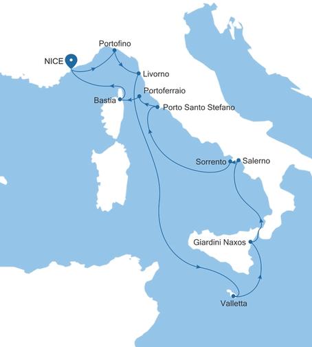 Silver Shadow Italy Featuring Sicily & Portofino voyage SS270401012 itinerary map