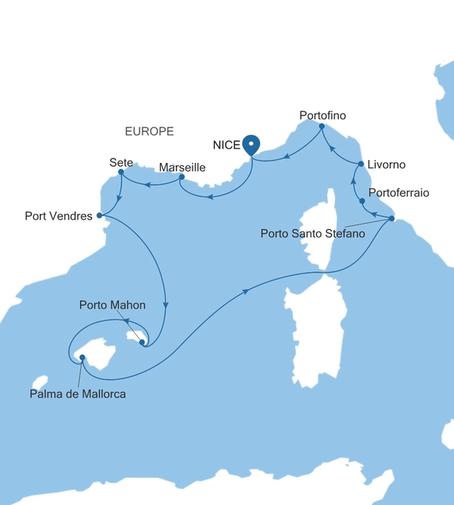 Silver Shadow France, Spain & Italy Featuring Portofino voyage SS270601011 itinerary map
