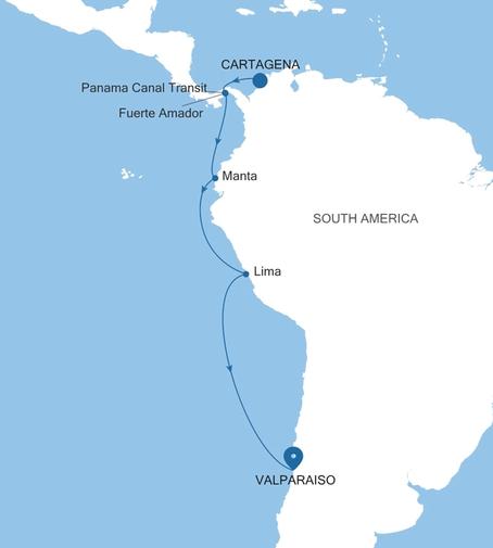 Silver Shadow Central America Featuring the Panama Canal & Lima voyage SS280115014 itinerary map