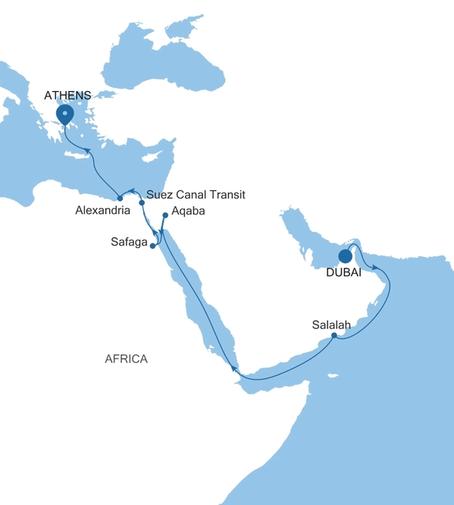 Silver Shadow Egypt, Oman & Jordan Featuring Petra voyage SS280419017 itinerary map