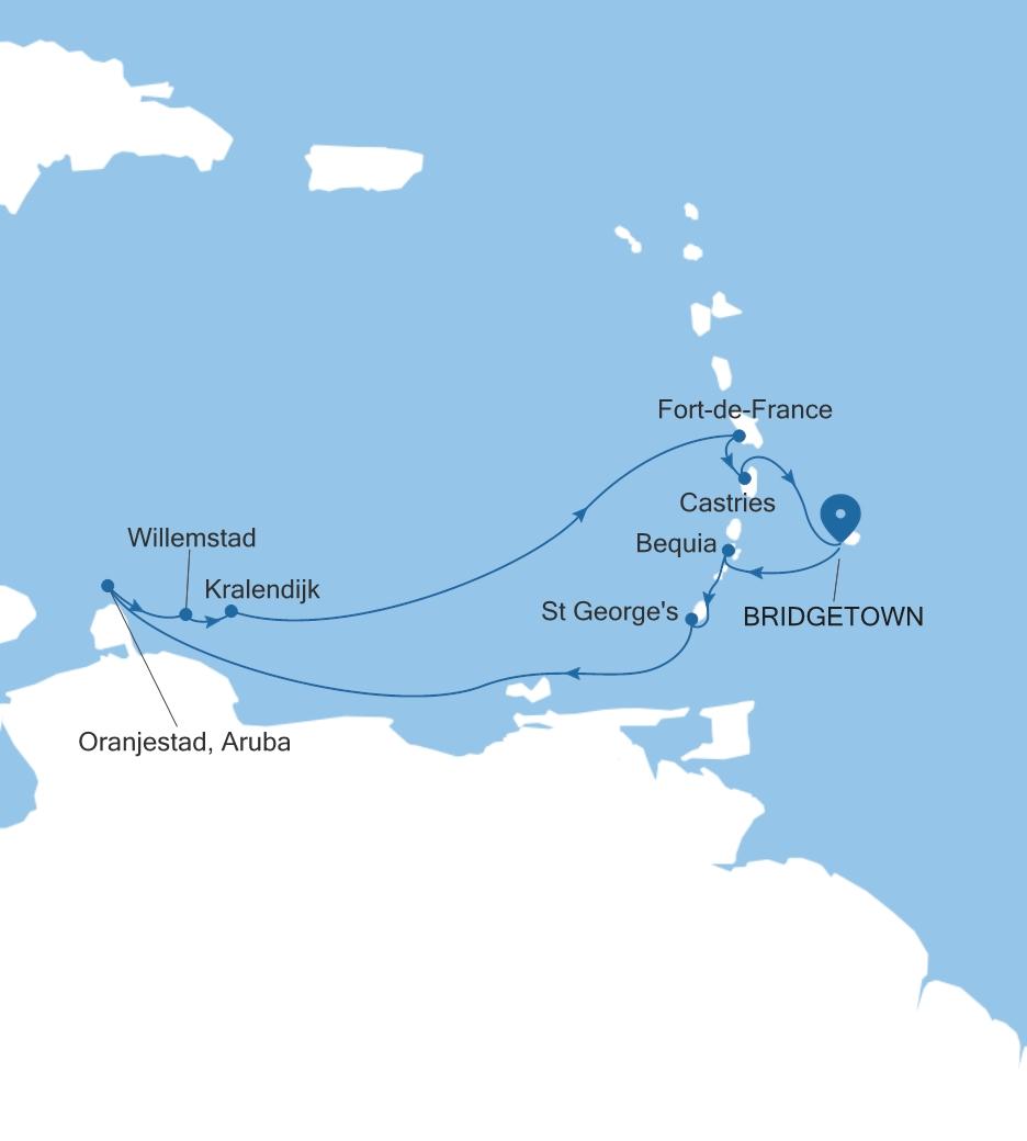 Silver Spirit Southern Caribbean Featuring Aruba & St. Lucia voyage SL270115010 itinerary map