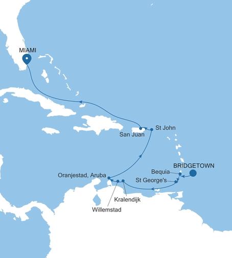 Silver Spirit Southern Caribbean Featuring Aruba & Bequia voyage SL270125012 itinerary map