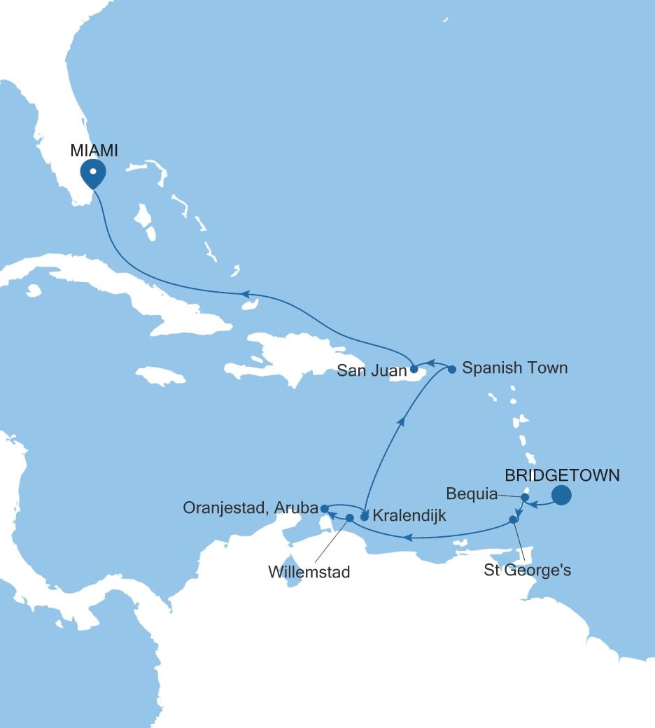 Silver Spirit Southern Caribbean Featuring Aruba & Bequia voyage SL270307012 itinerary map