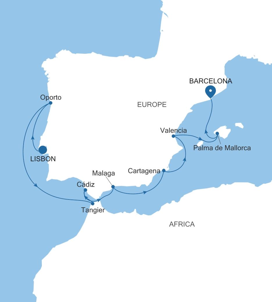 Silver Spirit Spain & Morocco Featuring Málaga voyage SL270413010 itinerary map
