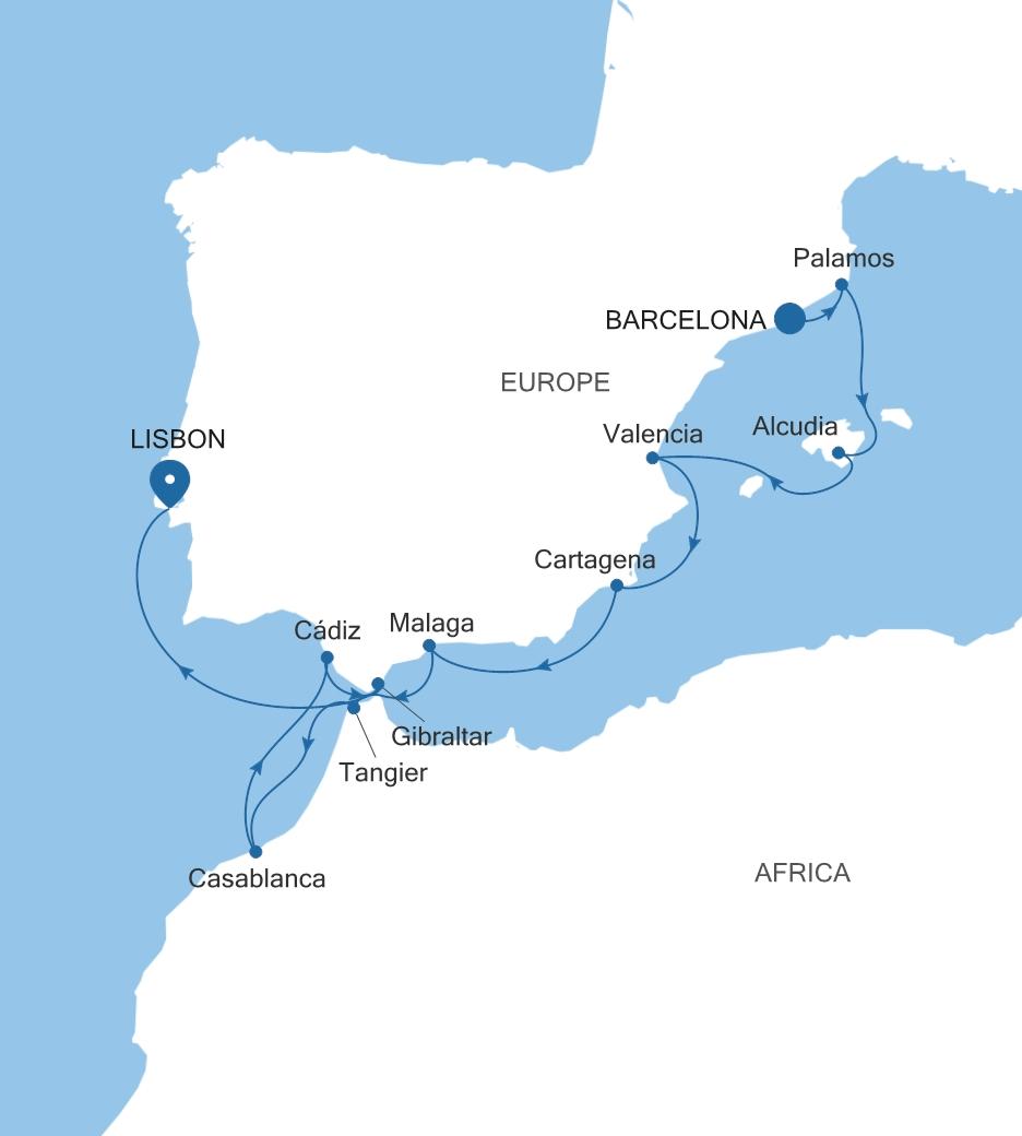 Silver Spirit Spain & Morocco Featuring Casablanca voyage SL270423012 itinerary map