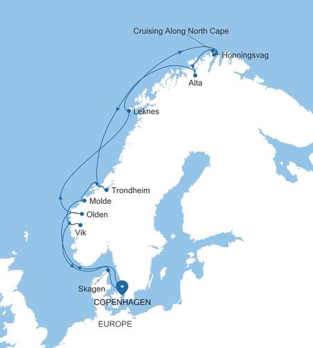 Silver Spirit Norwegian Fjords Featuring North Cape & Trondheim voyage SL270521015 itinerary map