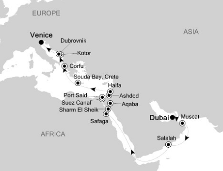 Cruise Single-Solo Balconies and Suites Silversea Silver Whisper April 8-30 2025 Dubai, UAE to Venice, Italy