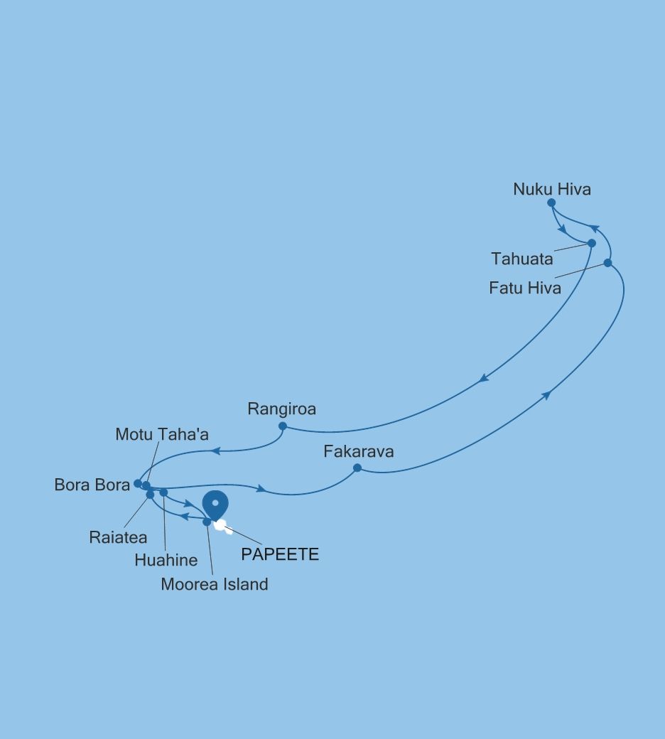 Map of Silver Whisper voyage WH270124014 from Papeete (Tahiti) to Papeete (Tahiti)