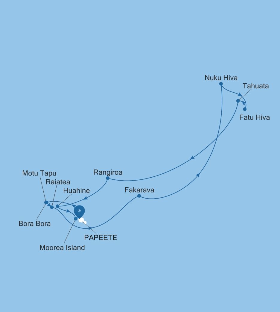 Map of Silver Whisper voyage WH270321014 from Papeete (Tahiti) to Papeete (Tahiti)