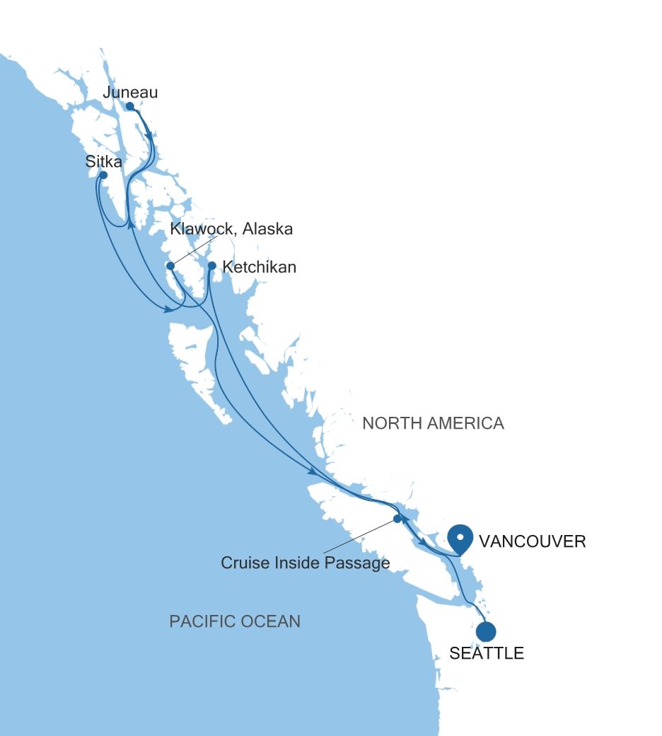 Map of Silver Whisper voyage WH270527007 from Seattle (Washington) to Vancouver