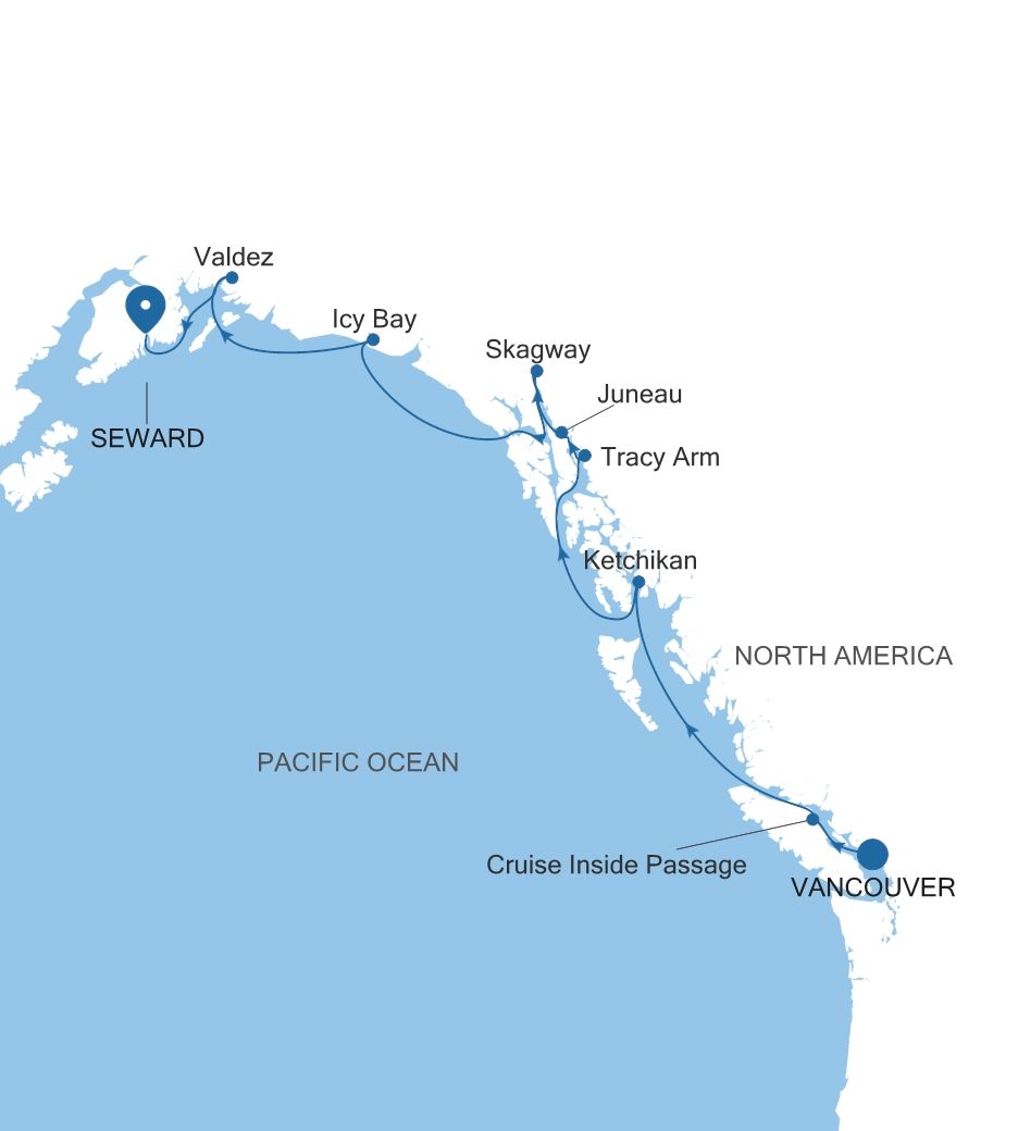 Map of Silver Whisper voyage WH270729007 from Vancouver to Seward (Anchorage, Alaska)