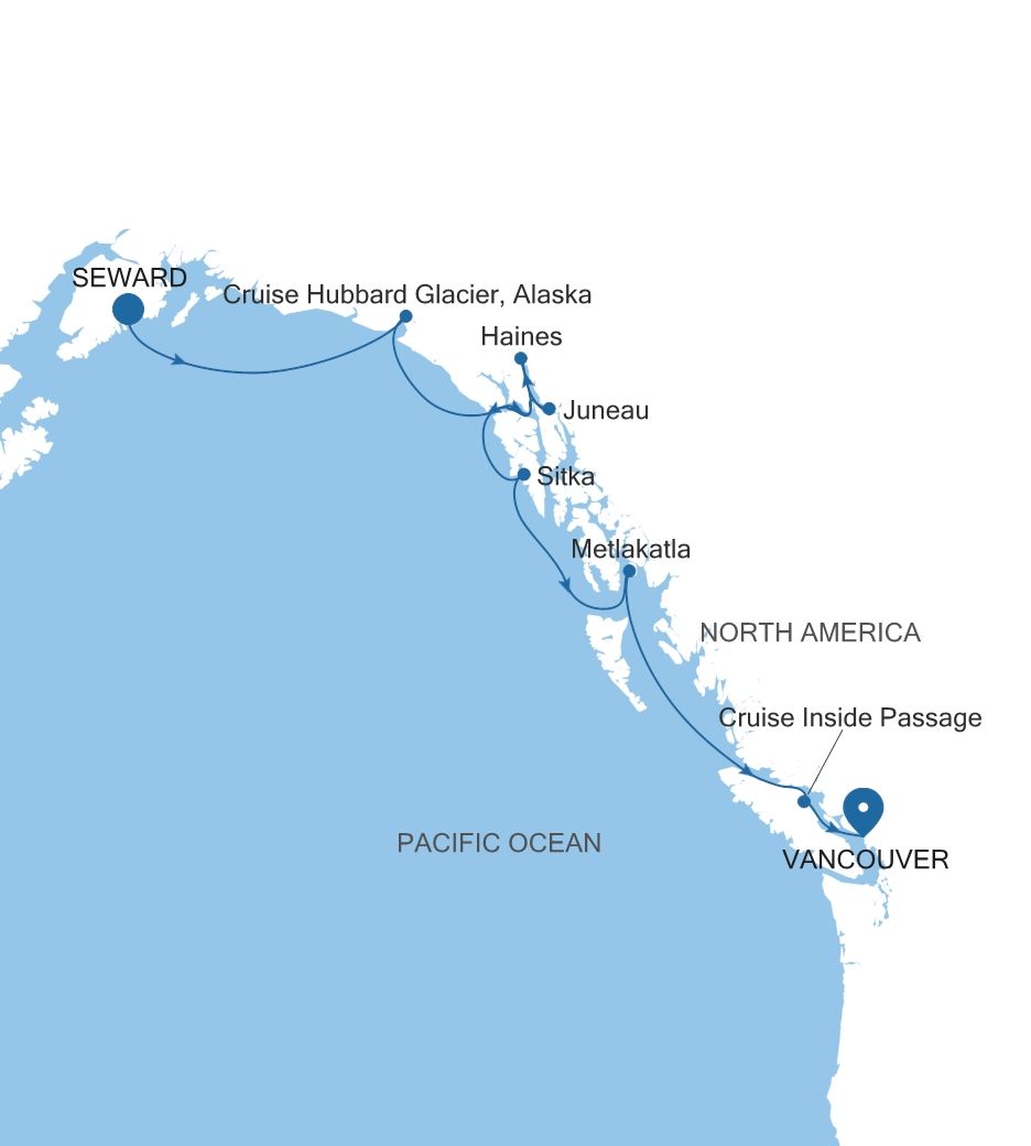 Map of Silver Whisper voyage WH270902007 from Seward (Anchorage, Alaska) to Vancouver