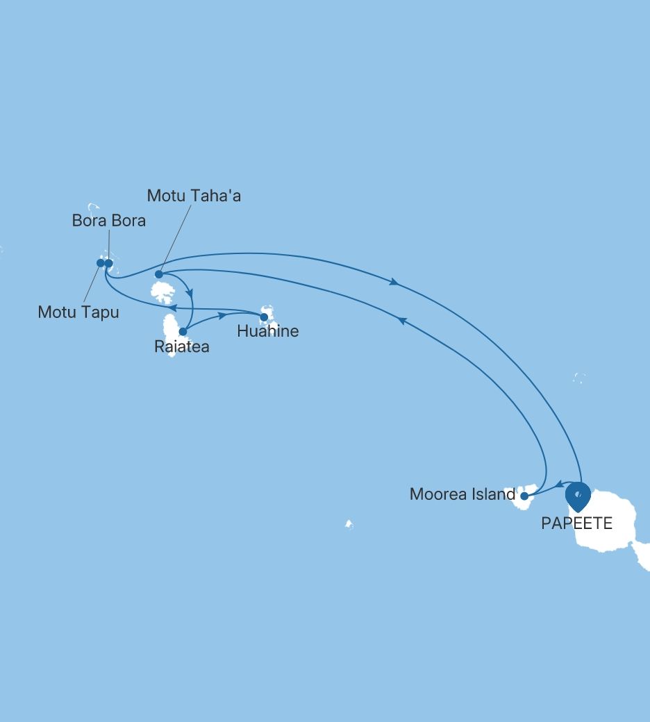 Map of Silver Whisper voyage WH271024007 from Papeete (Tahiti) to Papeete (Tahiti)