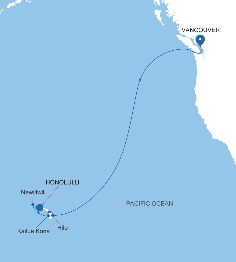 Map of Silver Whisper voyage WH280521011 from Honolulu, Oahu, Hawaii to Vancouver