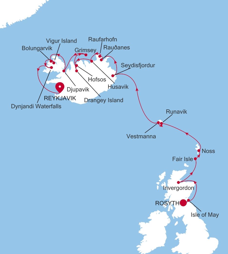 Map of Silver Wind voyage WI270611014 from Rosyth (Edinburgh), Scotland to Reykjavik