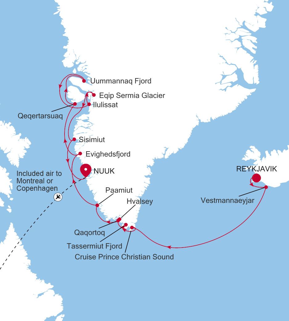 Map of Silver Wind voyage WI270719013 from Reykjavik to Nuuk (Godthab)