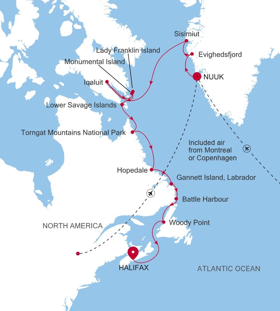 Map of Silver Wind voyage WI270917014 from Nuuk (Godthab) to Halifax, Nova Scotia