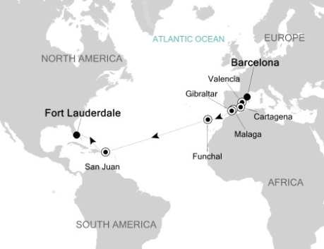 Cruise Single-Solo Balconies and Suites Silversea Silver Wind November 15 December 2 2027 Barcelona, Spain to Fort Lauderdale, Florida