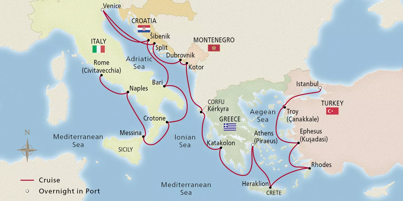 Viking Mars Adriatic & Mediterranean Sojourn April 4–25, 2028 voyage OMA280404B official itinerary map