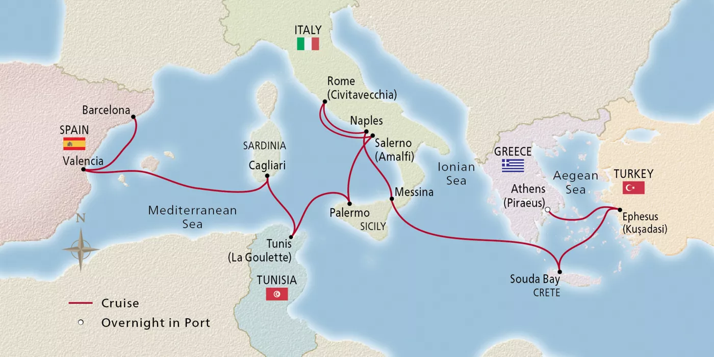 Viking Lyra NEW! Aegean & Mediterranean Explorer January 9–23, 2029 voyage OLY290109A official itinerary map