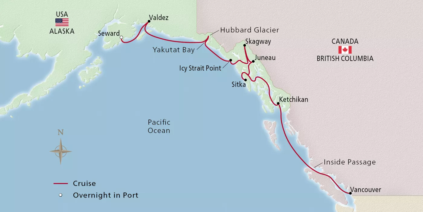 Viking Venus Alaska & the Inside Passage June 18–28, 2029 voyage OVE290618 official itinerary map
