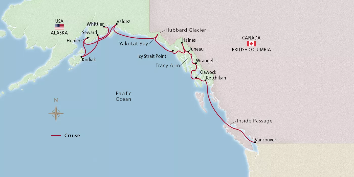 Viking Orion NEW! Alaskan Fjords & the Inside Passage July 9–23, 2029 voyage OOR290709 official itinerary map