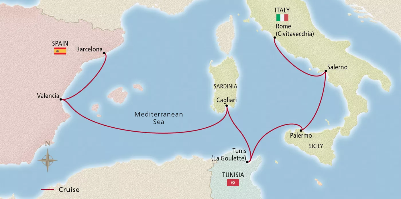 Viking Vela NEW! Amalfi Coast, Africa & Iberia May 2–9, 2028 voyage OVL280502 official itinerary map