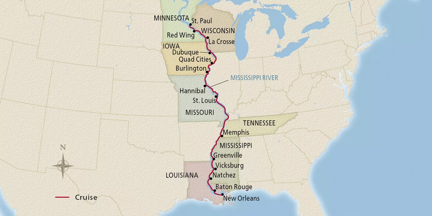 Viking Mississippi America’s Great River October 3–17, 2028 voyage MSP281003 official itinerary map