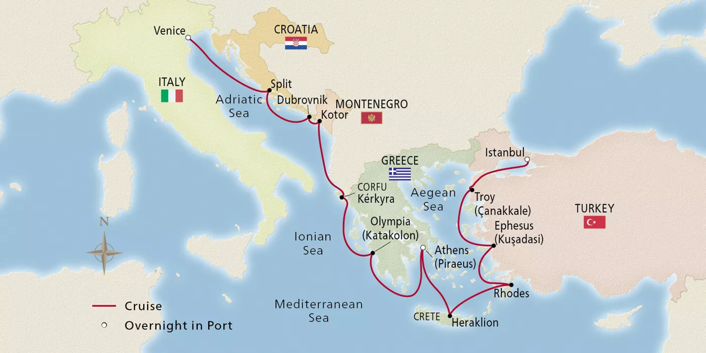 Viking Mars Ancient Adriatic Treasures April 4–18, 2028 voyage OMA280404A official itinerary map