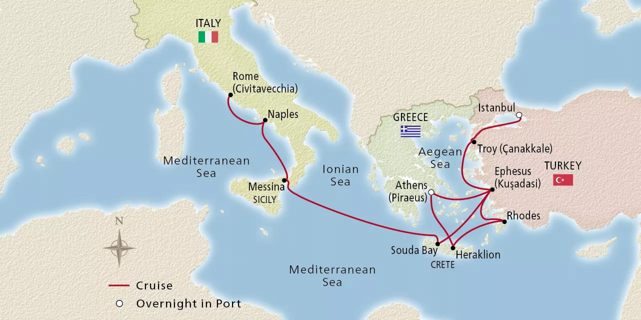 Viking Neptune Ancient Mediterranean Antiquities December 8–22, 2026 voyage ONE261208A official itinerary map