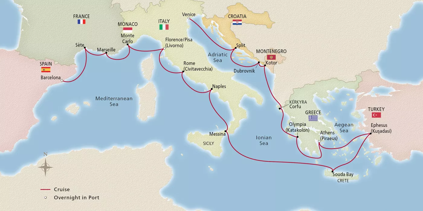 Viking Saturn Antiquities of the Mediterranean March 5–26, 2028 voyage OSA280305B official itinerary map