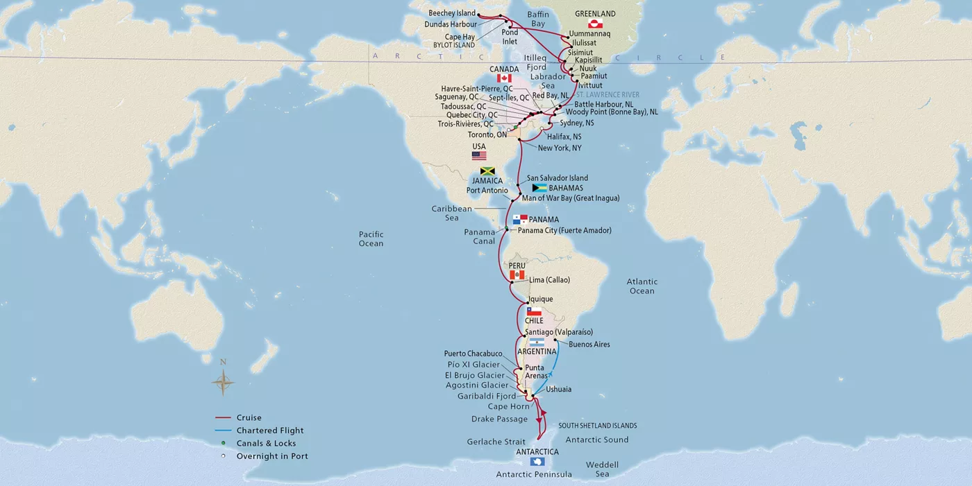 Viking Polaris NEW! Arctic to Antarctic Explorer September 15–December 4, 2028 voyage XPO280915E official itinerary map