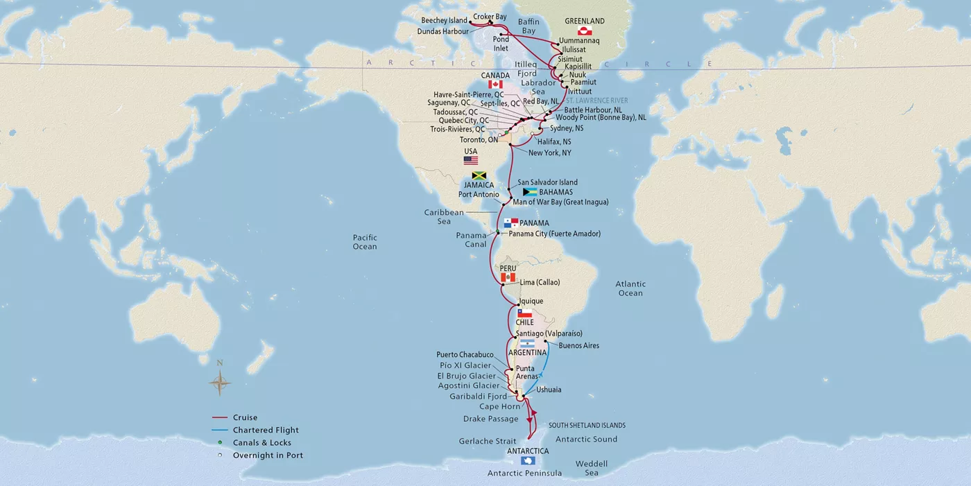 Viking Octantis NEW! Arctic to Antarctic Explorer September 3–November 22, 2029 voyage XOC290903E official itinerary map