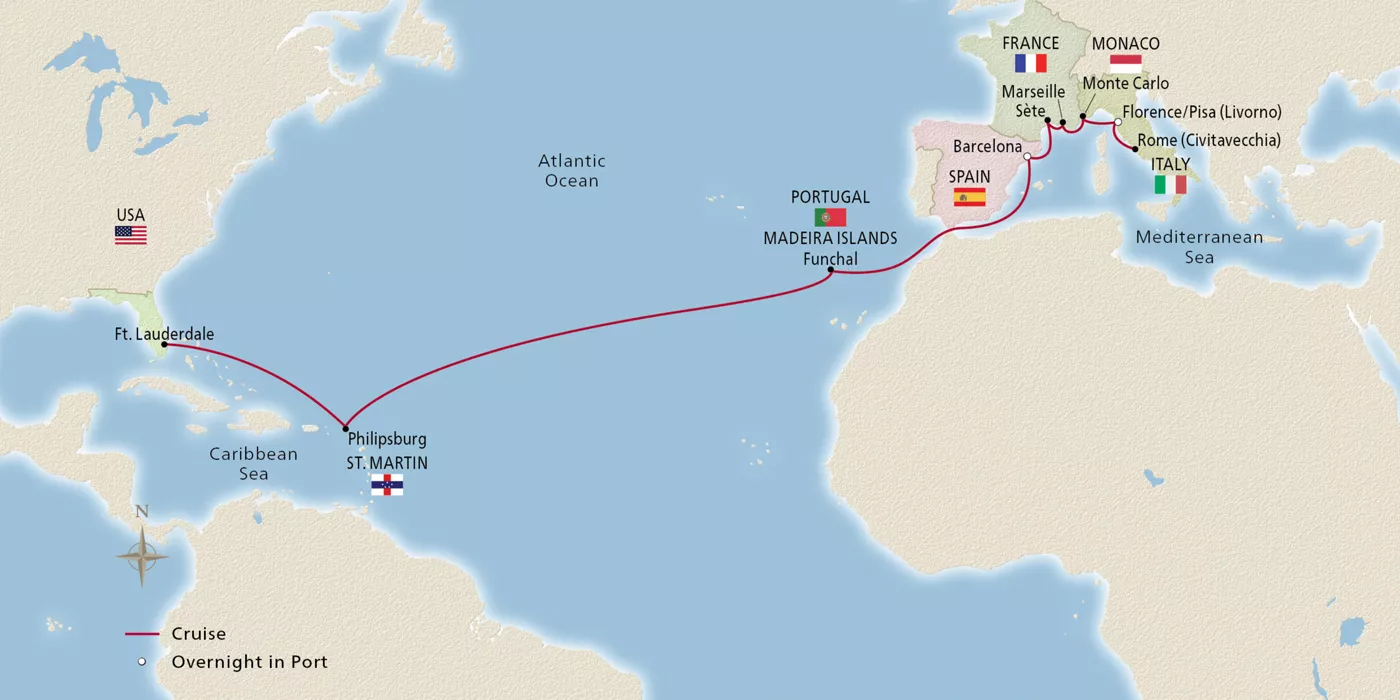 Viking Vesta Atlantic & Mediterranean Horizons December 7–27, 2027 voyage OVS271207A official itinerary map