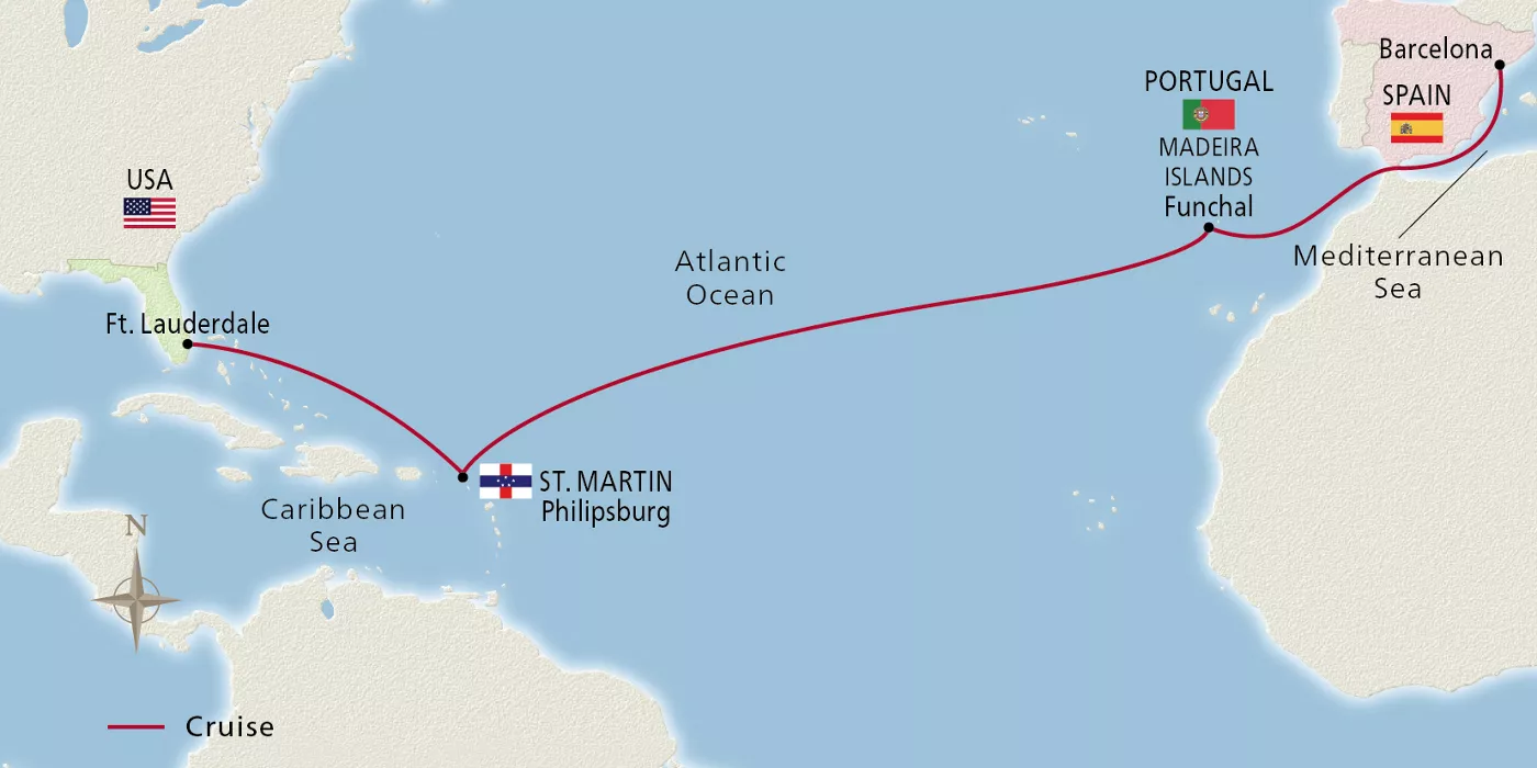 Viking Mars Atlantic Ocean Passage January 24–February 6, 2027 voyage OMA270124 official itinerary map