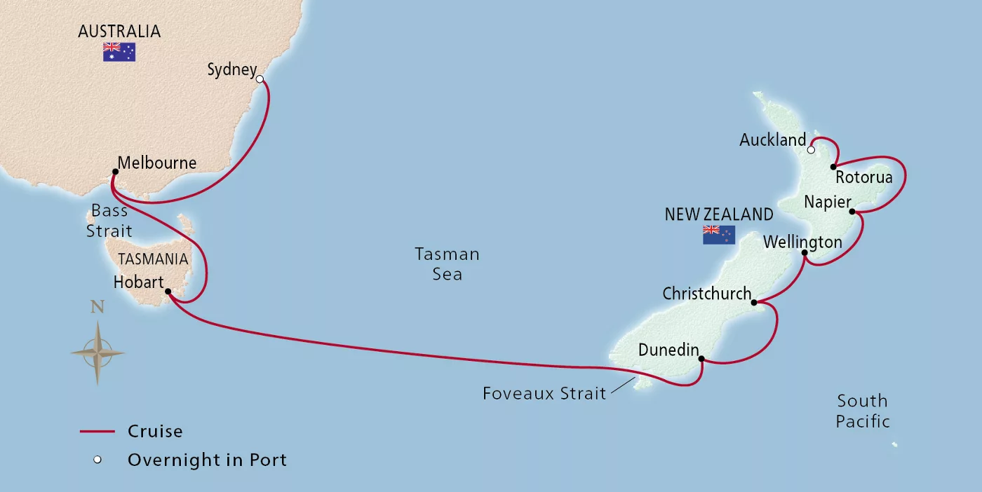 Viking Venus Australia & New Zealand February 3–17, 2029 voyage OVE290203 official itinerary map