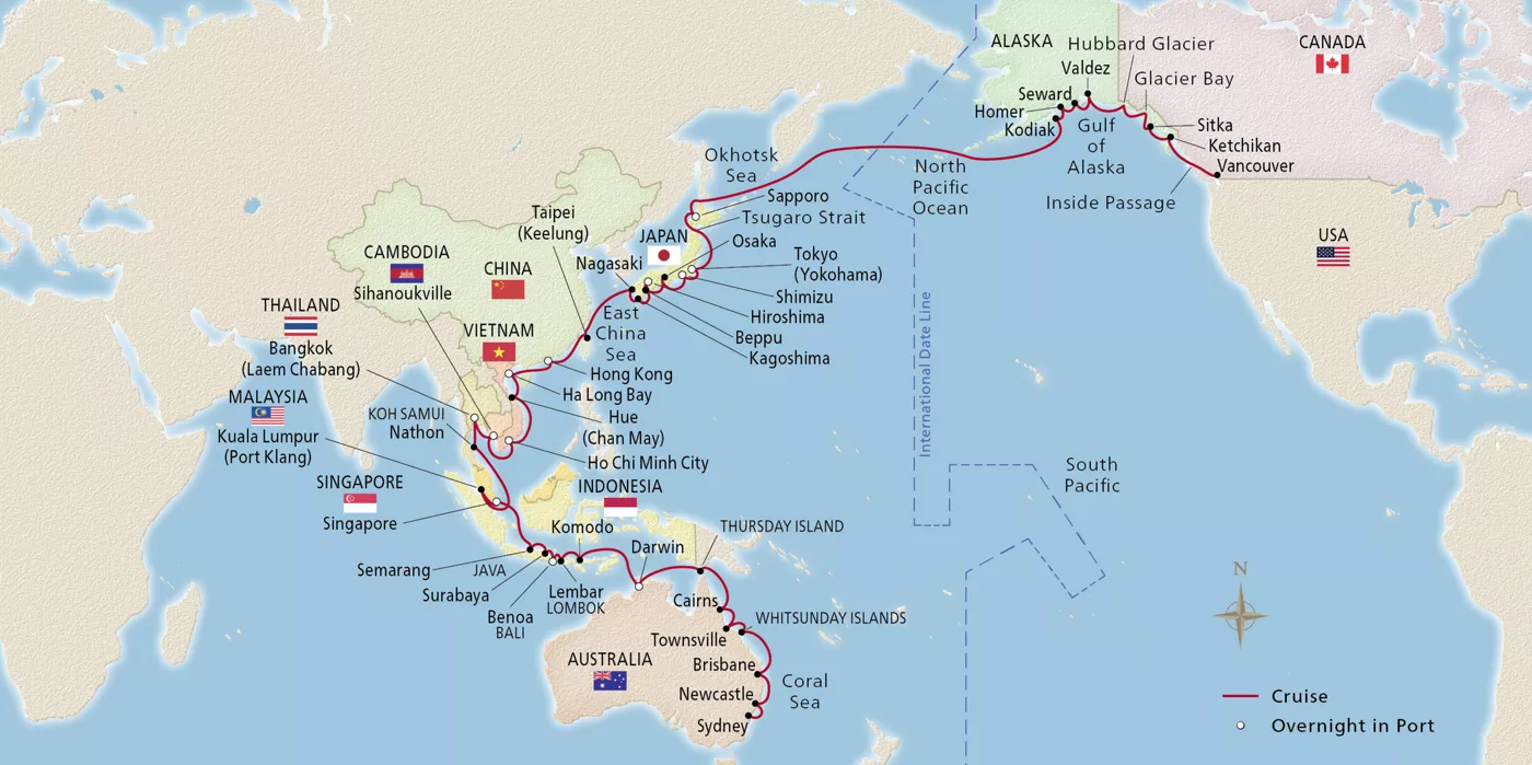 Viking Venus Australia, Asia & Alaska September 7–November 24, 2027 voyage OVE270907D official itinerary map