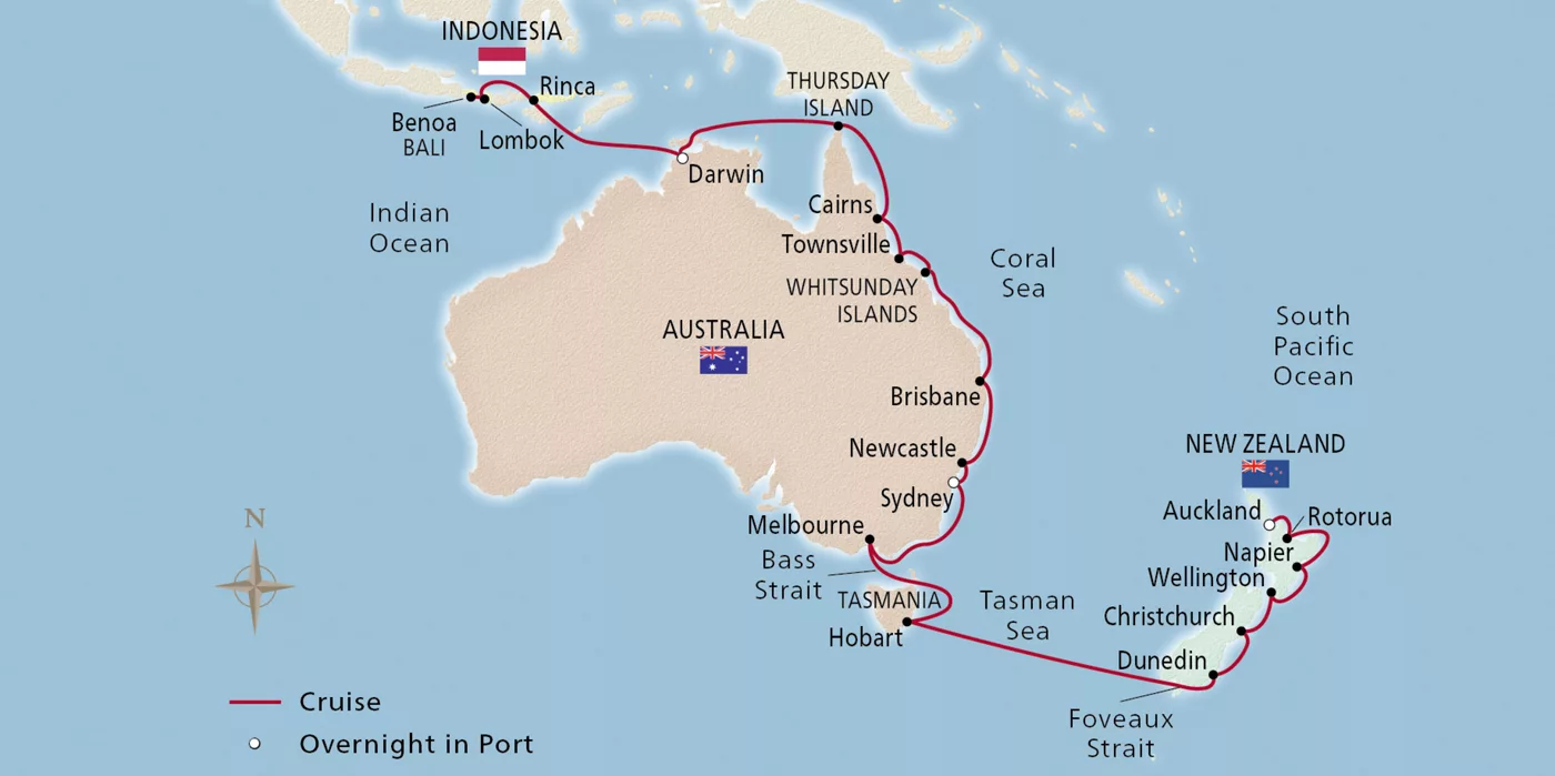 Viking Venus Australia, New Zealand & Indonesia February 17–March 19, 2029 voyage OVE290217A official itinerary map
