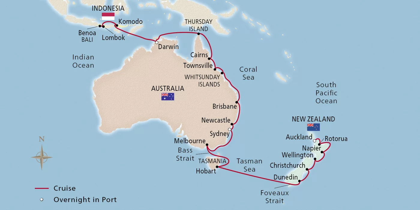 Viking Orion Australia, New Zealand & Indonesia February 22–March 24, 2027 voyage OOR270222A official itinerary map