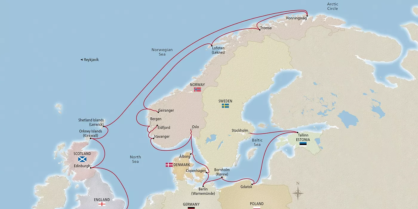 Viking Mira Baltic Jewels & the Midnight Sun June 12–July 10, 2028 voyage OMI280612A official itinerary map