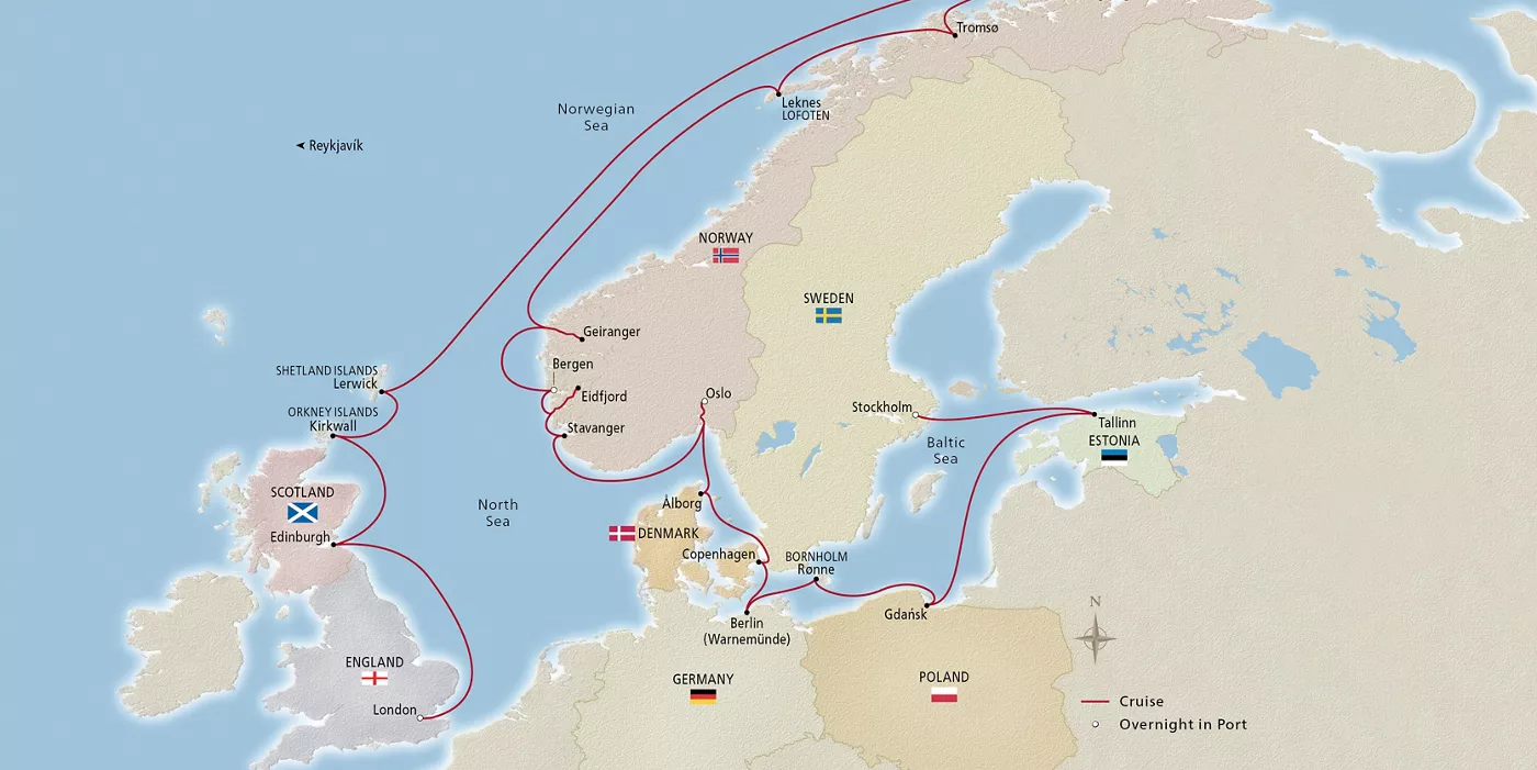 Viking Mira Baltic Jewels & the Midnight Sun June 12–July 10, 2028 voyage OMI280612A official itinerary map