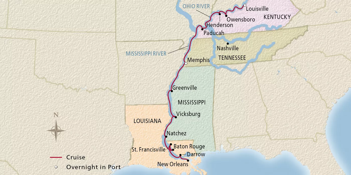 Viking Mississippi NEW! Bayous, Blues & Bluegrass November 9–23, 2027 voyage MSP271109A official itinerary map