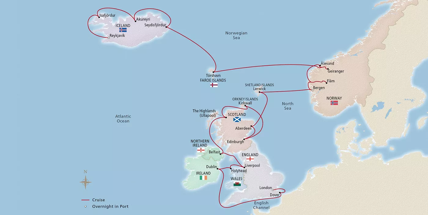 Viking Vesta British Isles & Iceland Explorer June 10–July 6, 2027 voyage OVS270610A official itinerary map