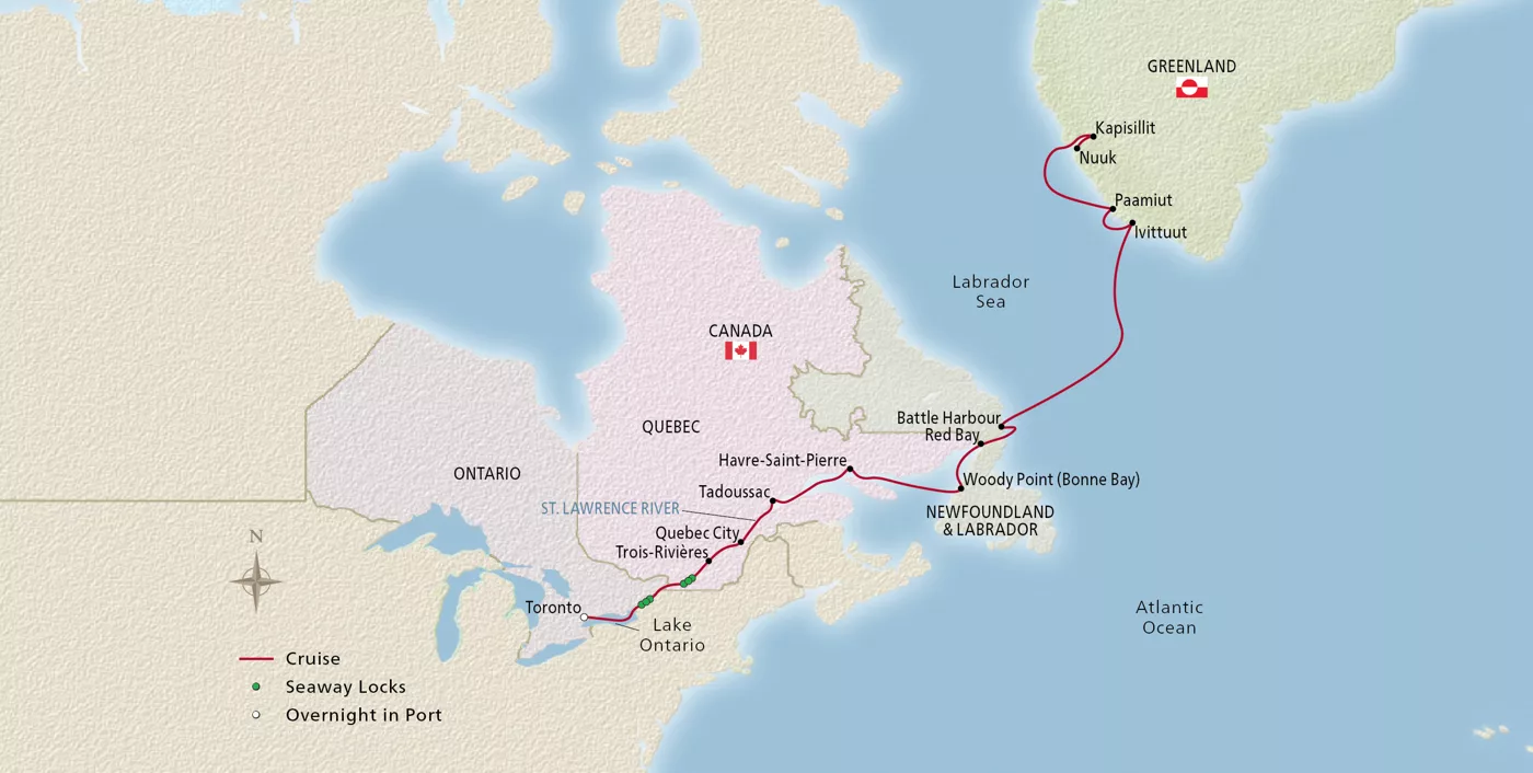 Viking Octantis Canada & Greenland Explorer September 15–29, 2029 voyage XOC290915 official itinerary map