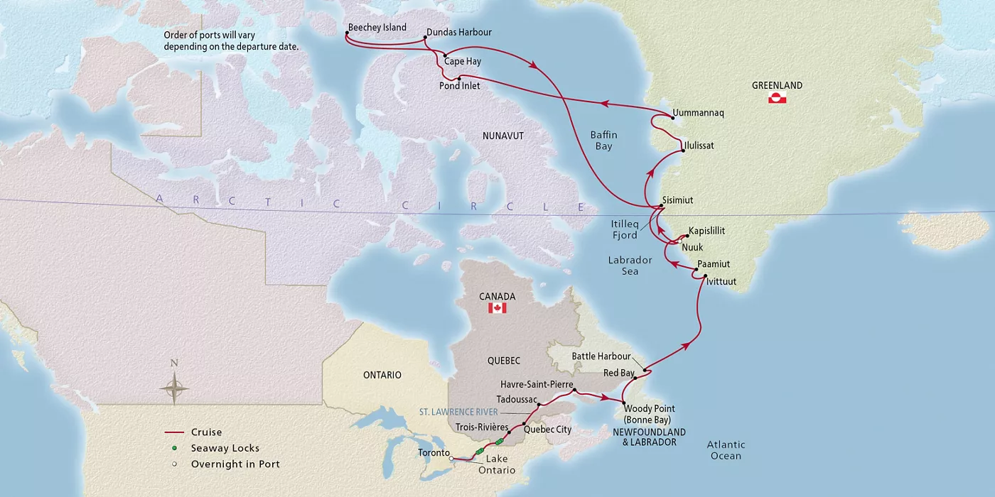 Viking Octantis Canada & the Northwest Passage July 3–29, 2029 voyage XOC290703A official itinerary map