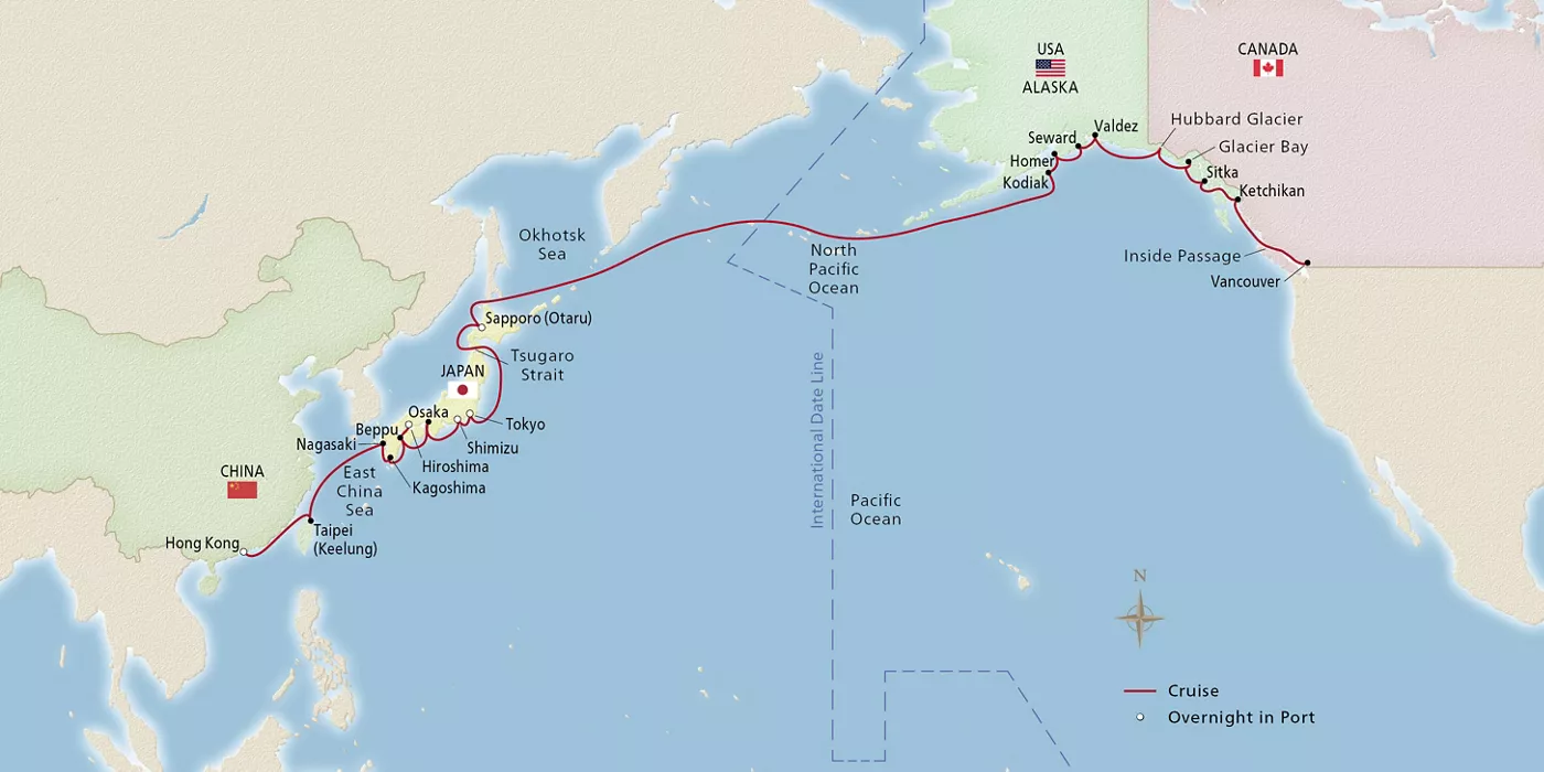 Viking Venus Far East & Alaska April 14–May 20, 2029 voyage OVE290414A official itinerary map